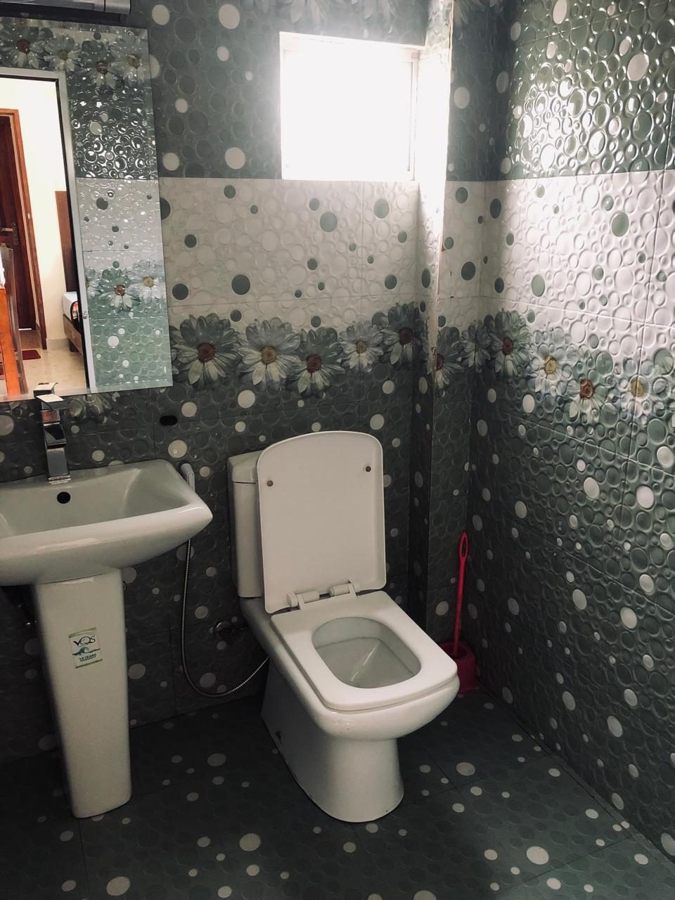 Bathroom with basin, toilet and patterned tiles